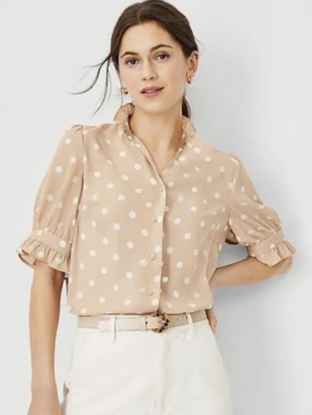 Ann Taylor Ruffle Collar Shirt - Beige & White Polka Dot
